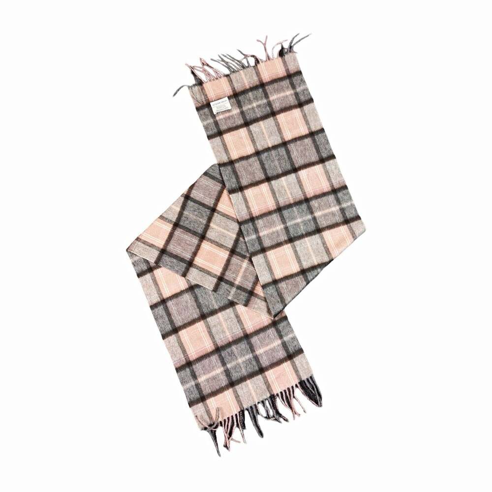 Lochmere 100% Cashmere Woven Gray Beige Pink Plaid Rectangle Scarf with Fringe